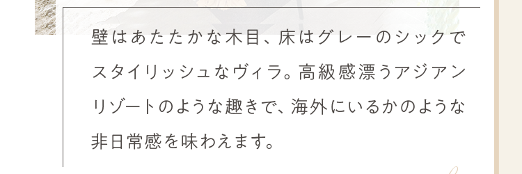 壁はあたたかな木目、床はグレーのシックでスタイリッシュなヴィラ。