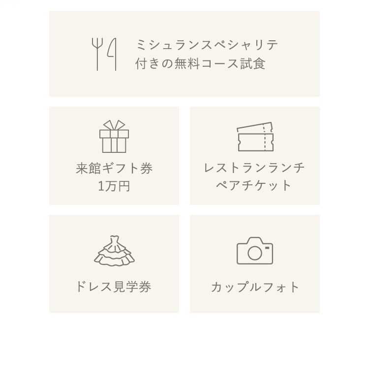 1ミシュランスペシャリテ付きの無料コース試食、2来館ギフト券1万円、3レストランランチペアチケット、4ドレス見学券、5カップルフォト